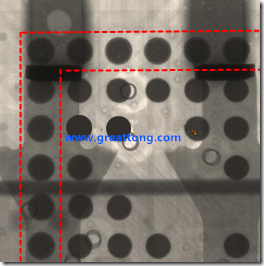 BGA錫球尺寸小于0.4mm，采用降低BGA內(nèi)圍襲球的錫膏量所得到X-Ray，稍微留意一下可以發(fā)現(xiàn)最外圈的錫量(圓的直徑)比其他內(nèi)圍的錫球上的錫量來得多一點點。也就是外圈的黑色圓形直徑比內(nèi)圈的圓形來得大一點點。