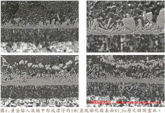 下面四張圖片為放大4500倍的SEM圖像，說明在回流焊爐熱量不足的情況下，黃金成份正要從鎳層分離融入焊錫之中的瞬間，當零件遭受外力沖擊的時候就極有可能從這一整排AuSn、、AuSn2或AuSn4的IMC處裂開。