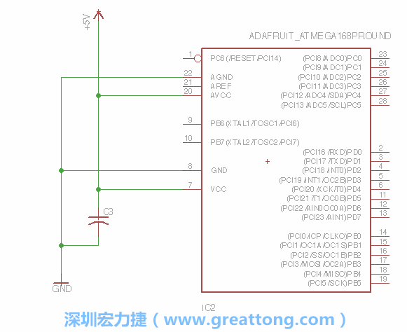 3.1.    新增微控制器晶片（RBBB → ATmega），把它放在電路原理圖的中央附近，把它的兩個接地接頭連接到接地訊號端。