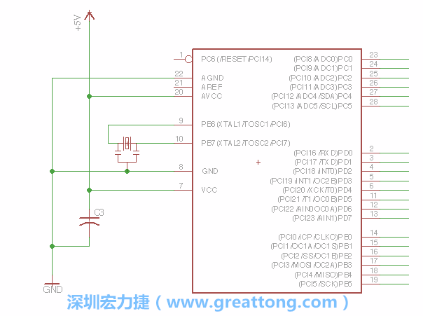 3.2.    在靠近ATmega的電源供應針腳7的位置放置一個0.1μF的電容，將它分別連接電源、接地端和針腳7。