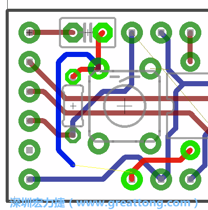 要在電路板正面進(jìn)行+5V信號(hào)線連結(jié)和其他連結(jié)點(diǎn)的布線工作是非常容易的，而重置信號(hào)線（信號(hào)線用來(lái)連結(jié)電路板正面左邊的重置開(kāi)關(guān)）需要經(jīng)過(guò)一個(gè)可以通過(guò)電路板正反兩面的電路通道，這個(gè)通道是一個(gè)可以讓電路板正反兩面線路連接的一個(gè)小孔。